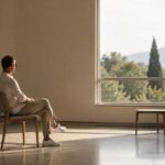 Quando la memoria se ne va: cosa resta davvero di una vita? Uomo seduto in silenzio vicino a una grande finestra e a una sedia vuota, immagine simbolica della memoria e del tempo che passa.