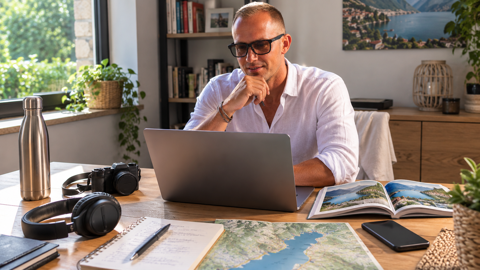Scrivania con strumenti di lavoro, viaggio e territorio che rappresentano diversi progetti digitali