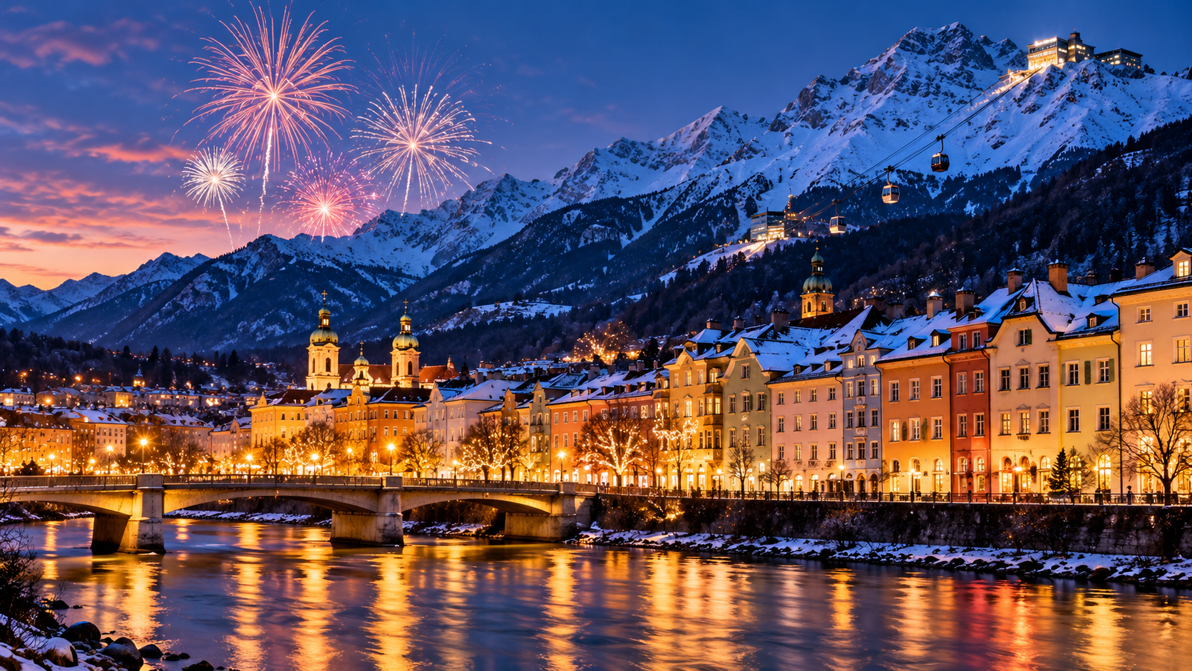 Innsbruck innevata a Capodanno con fuochi d’artificio, centro storico illuminato e montagne della Nordkette